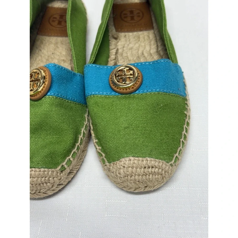 Tory Burch Beacher Espadrille Canvas Flats Womens Size 6 Green/Blue Slip On Shoe